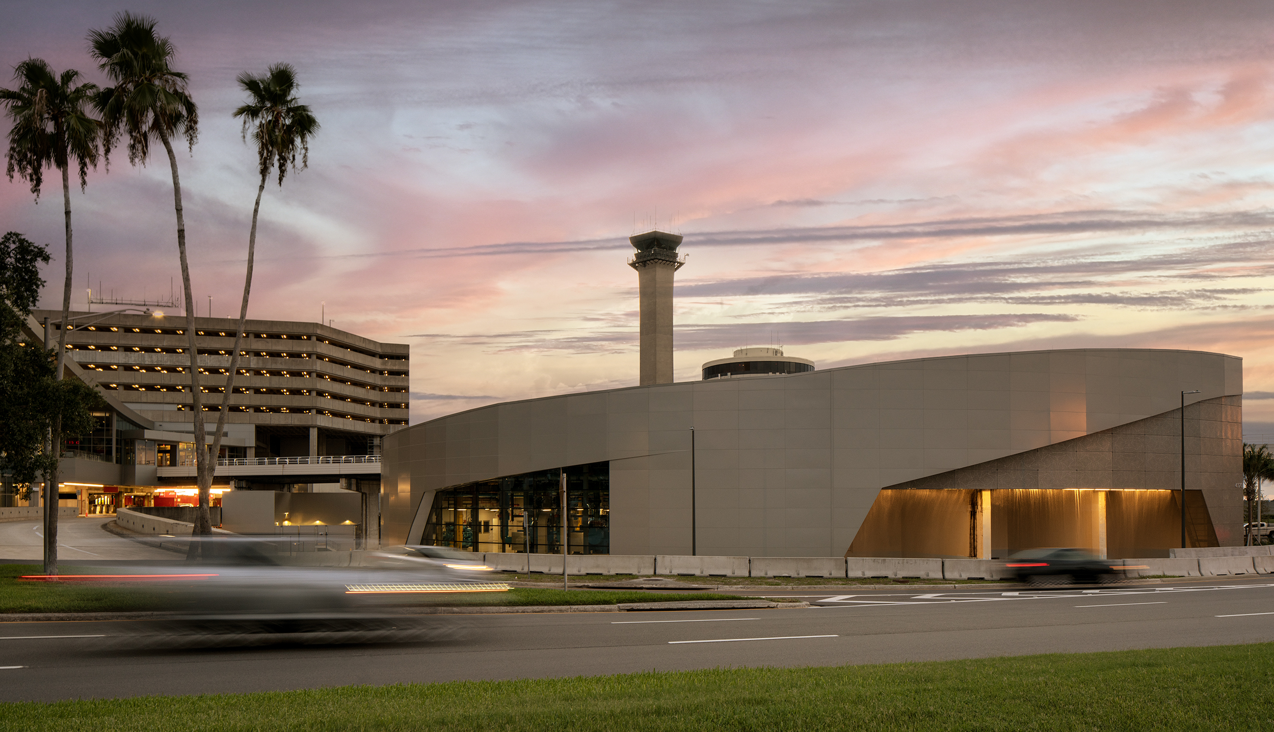 Tampa International Airport MTCE Police and Maintenance Building with Central Utility Plant at sunset